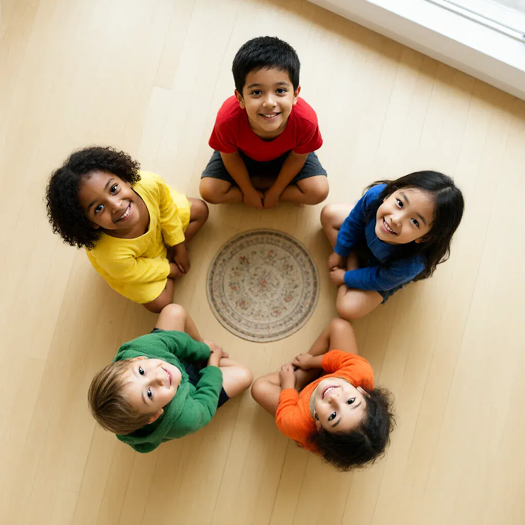 Five children sitting in a circle on the floor, looking up at the camera